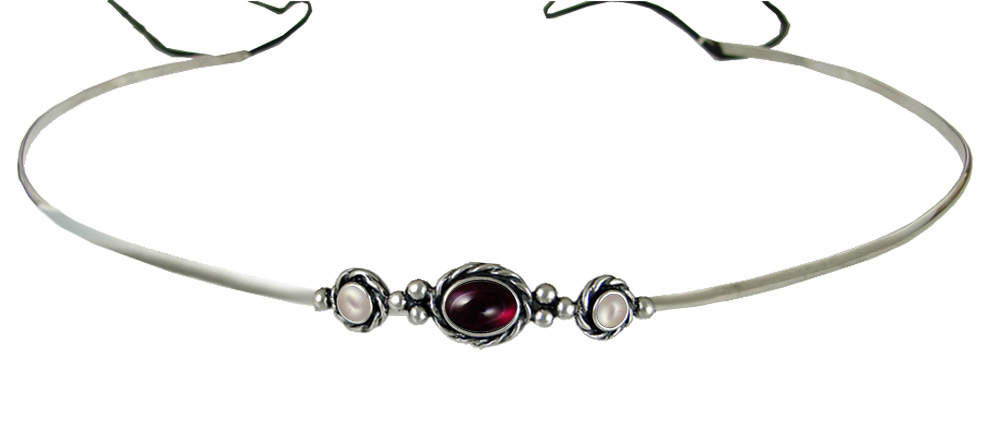 Sterling Silver Renaissance Style Headpiece Circlet Tiara With Garnet And Cultured Freshwater Pearl